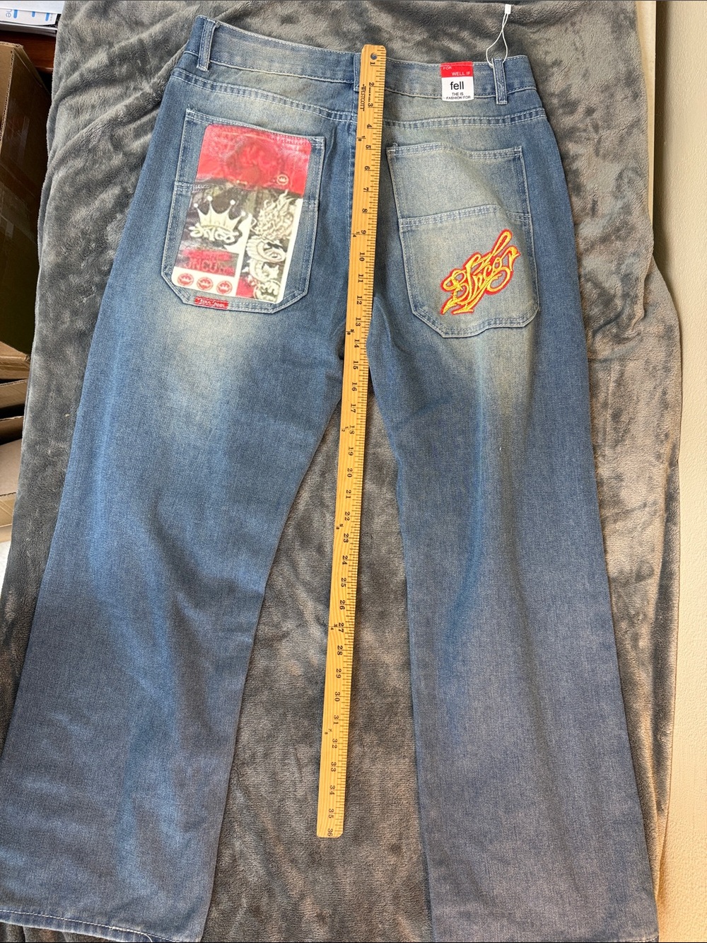 Encore Jeans Men's Blue Denim Bootcut with Red and Yellow Back-Pocket Accents